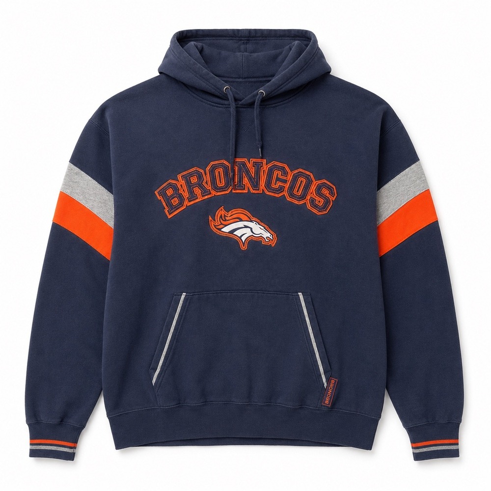 NFL Denver Broncos Navy Blue Embroidered Pullover Hoodie Sweatshirt Mens